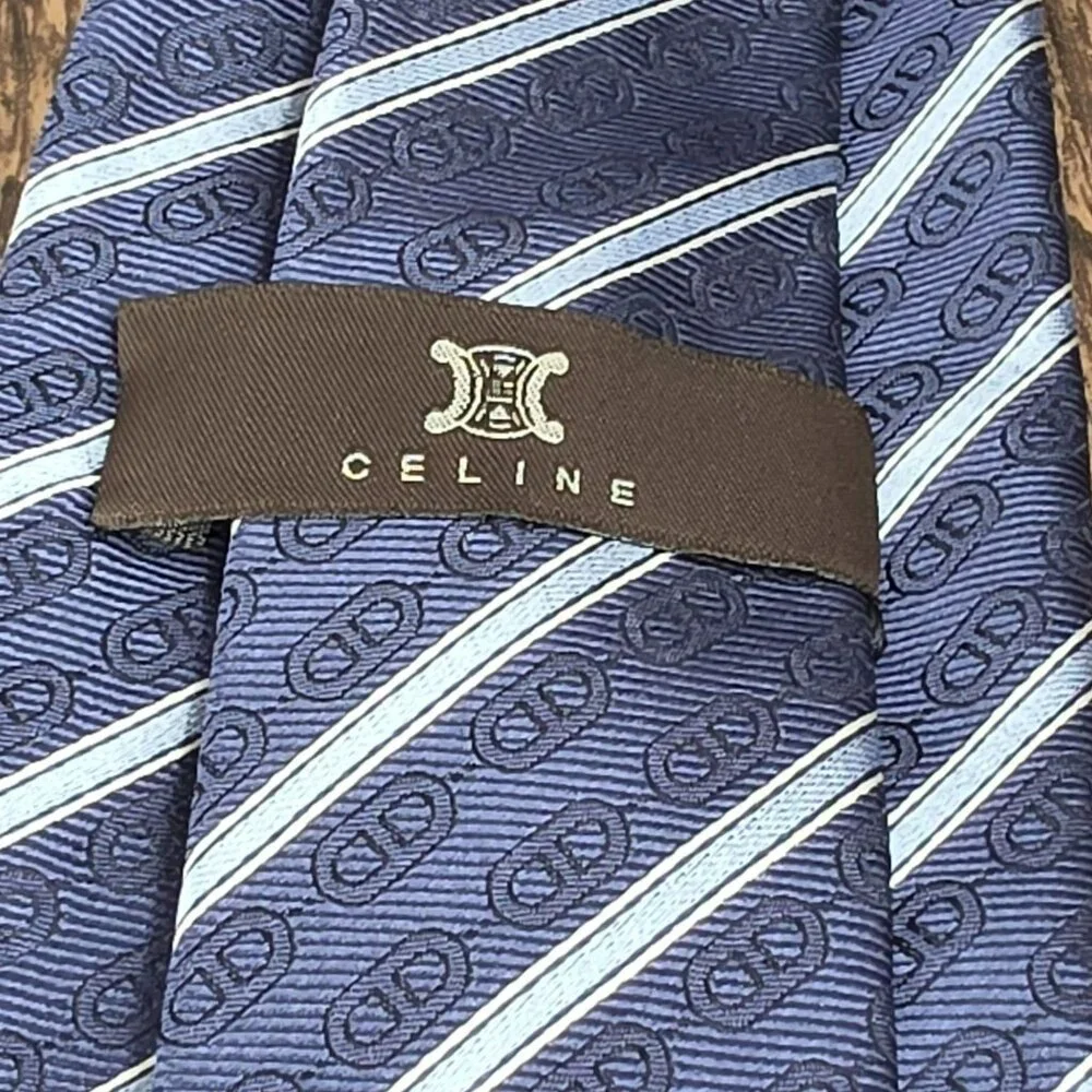 Celine Neck Tie 100% Silk Blue Striped Chain Designer Italian Quality Corpcore